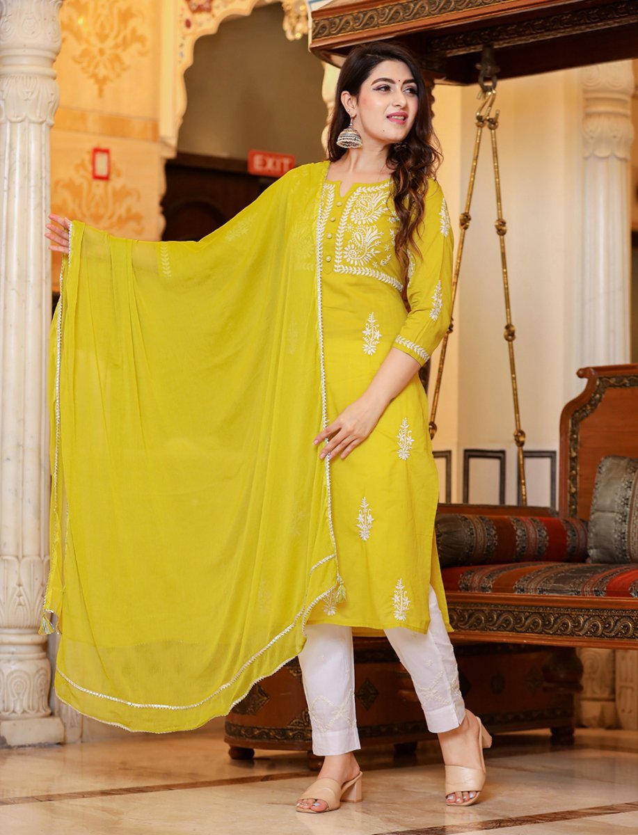 Mustard Lucknowi Chikankari Kurta Pant Set with Dupatta – Timeless Elegance - swadeshsouq.com