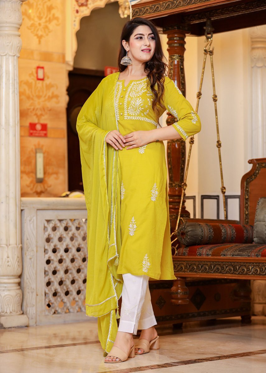 Mustard Lucknowi Chikankari Kurta Pant Set with Dupatta – Timeless Elegance - swadeshsouq.com