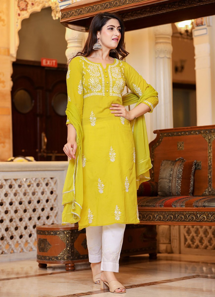 Mustard Lucknowi Chikankari Kurta Pant Set with Dupatta – Timeless Elegance - swadeshsouq.com