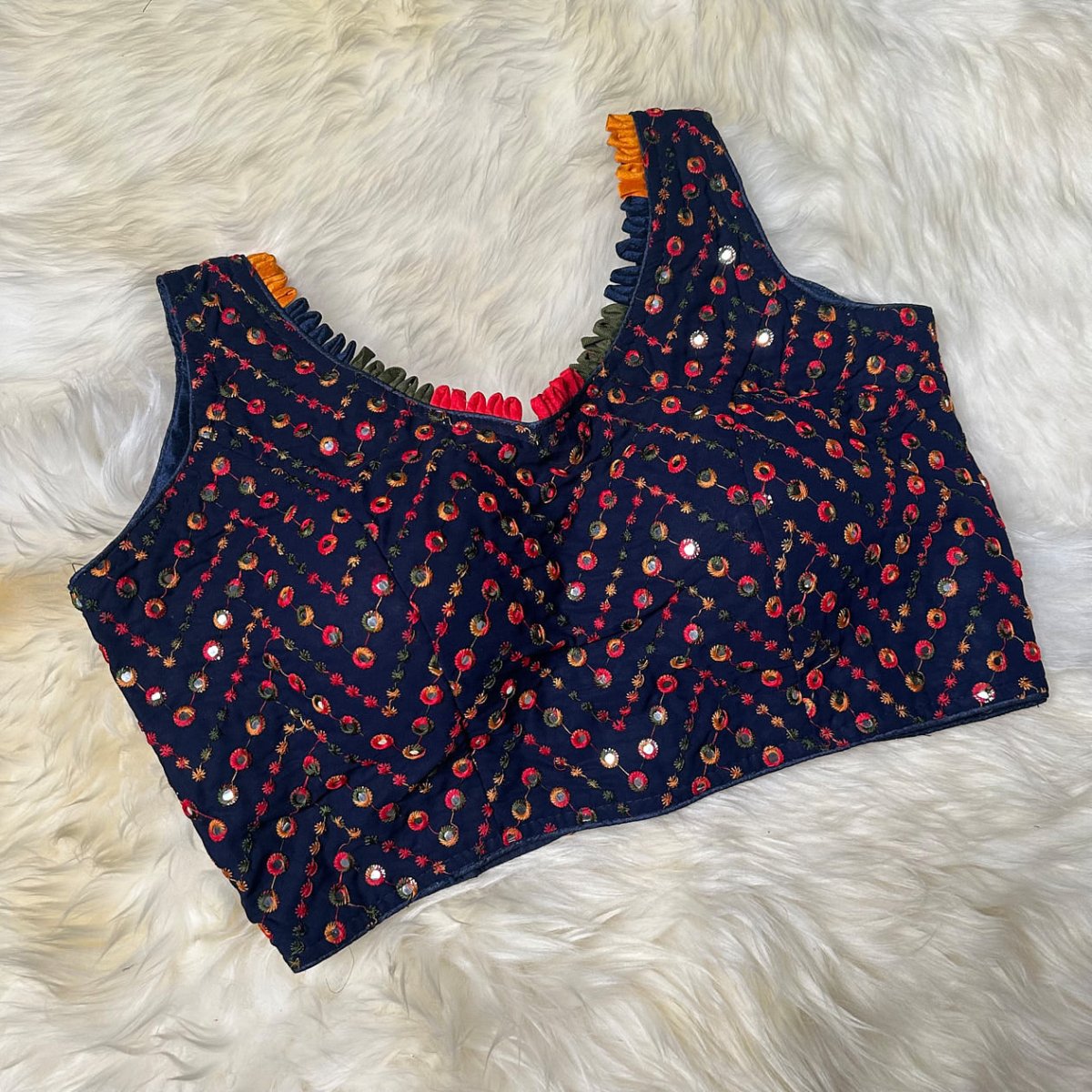 Navy Blue Georgette Blouse with Multicolour Mirror Work (Size 32–36) - swadeshsouq.com