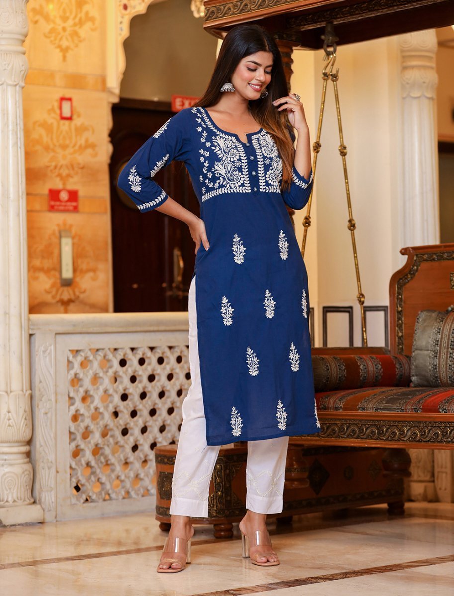 Navy Blue Lucknowi Chikankari Kurta Pant Set with Dupatta - swadeshsouq.com