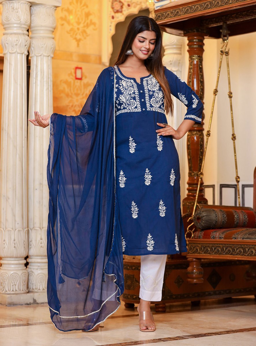 Navy Blue Lucknowi Chikankari Kurta Pant Set with Dupatta - swadeshsouq.com