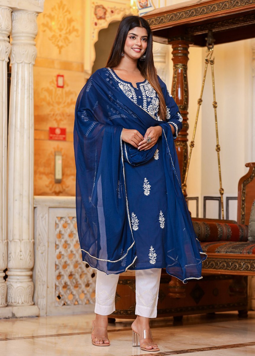 Navy Blue Lucknowi Chikankari Kurta Pant Set with Dupatta - swadeshsouq.com