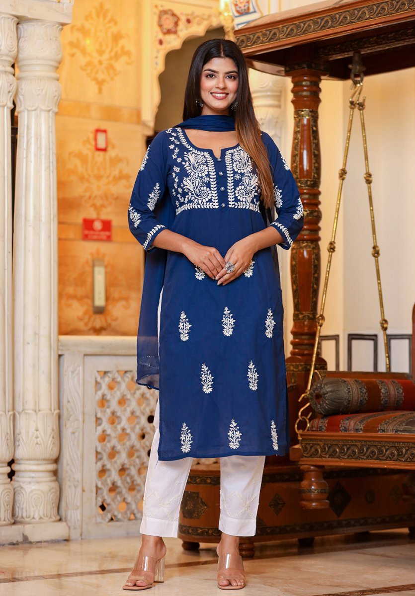 Navy Blue Lucknowi Chikankari Kurta Pant Set with Dupatta - swadeshsouq.com