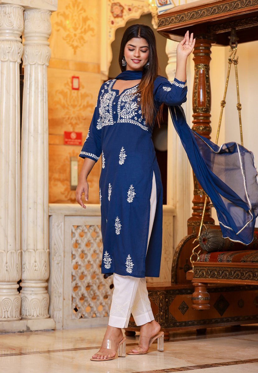 Navy Blue Lucknowi Chikankari Kurta Pant Set with Dupatta - swadeshsouq.com