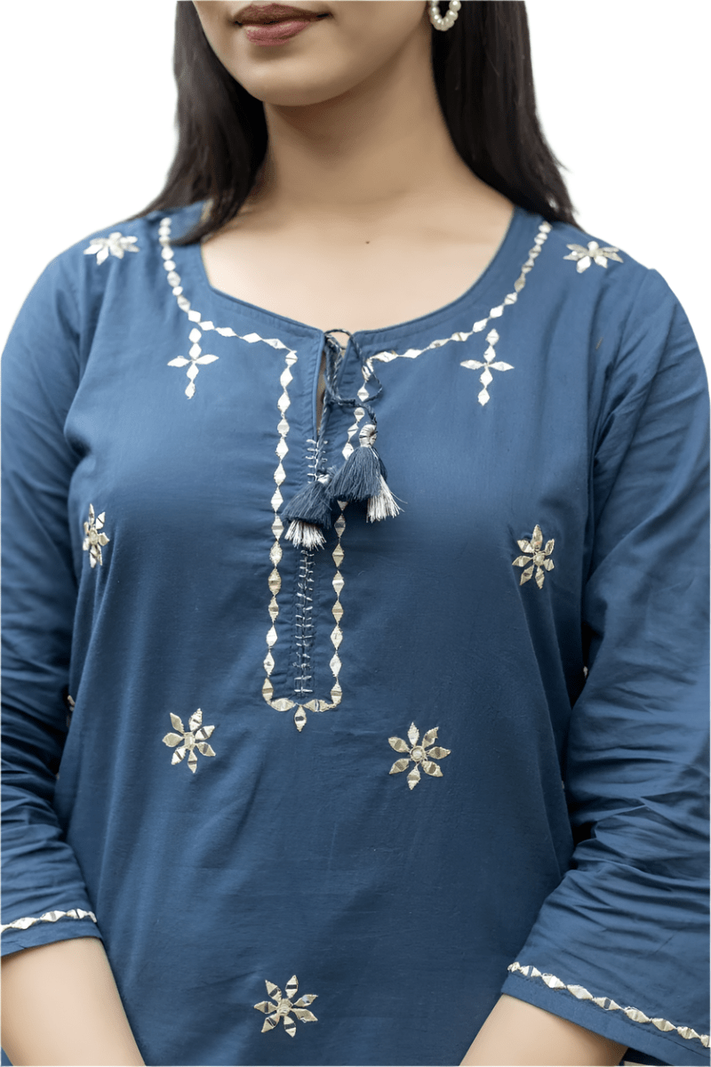 Navy Blue Mirage Mirror Embroidery Cotton Kurta Pant Set with Dupatta - swadeshsouq.com