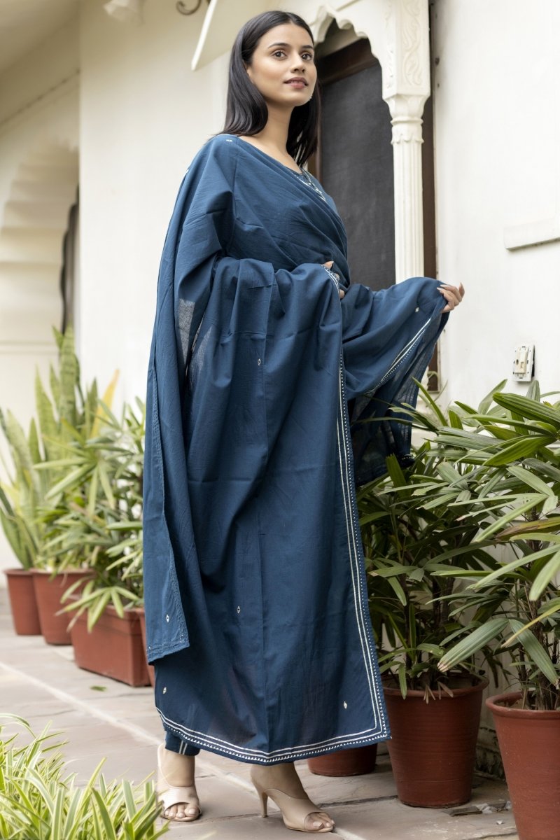 Navy Blue Mirage Mirror Embroidery Cotton Kurta Pant Set with Dupatta - swadeshsouq.com