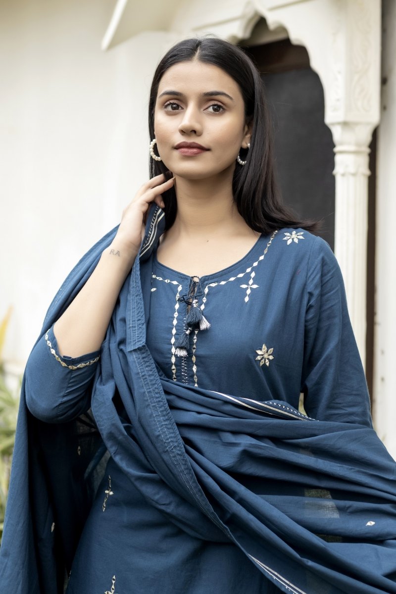 Navy Blue Mirage Mirror Embroidery Cotton Kurta Pant Set with Dupatta - swadeshsouq.com