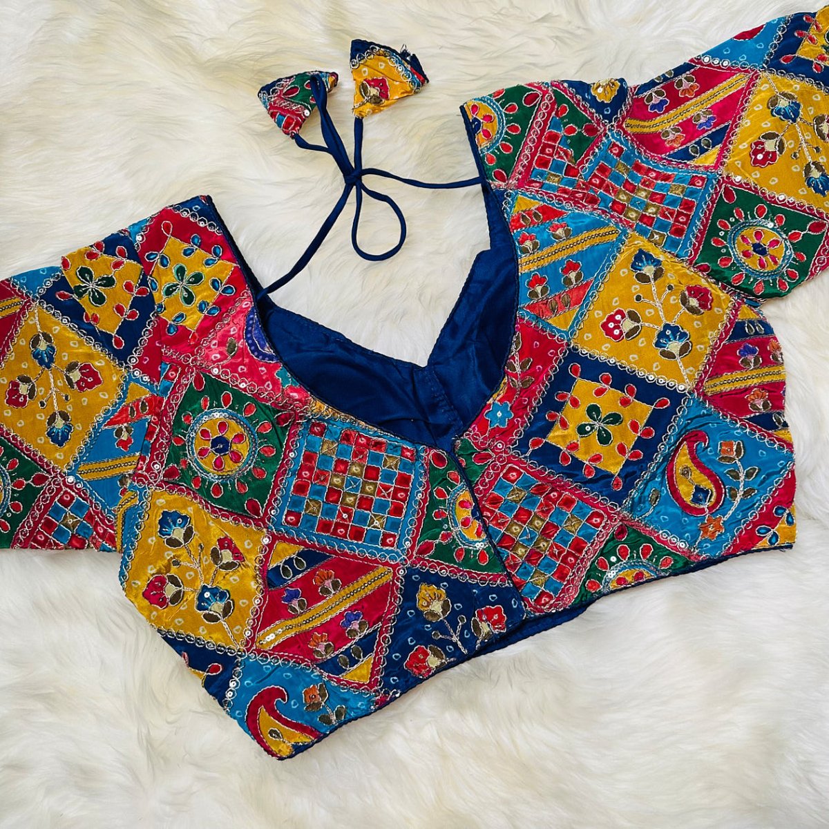 Navy Blue Pure Crepe Blouse with Multi - Coloured Appliqué Work & Mid - Length Sleeves (Size 32–40) - swadeshsouq.com