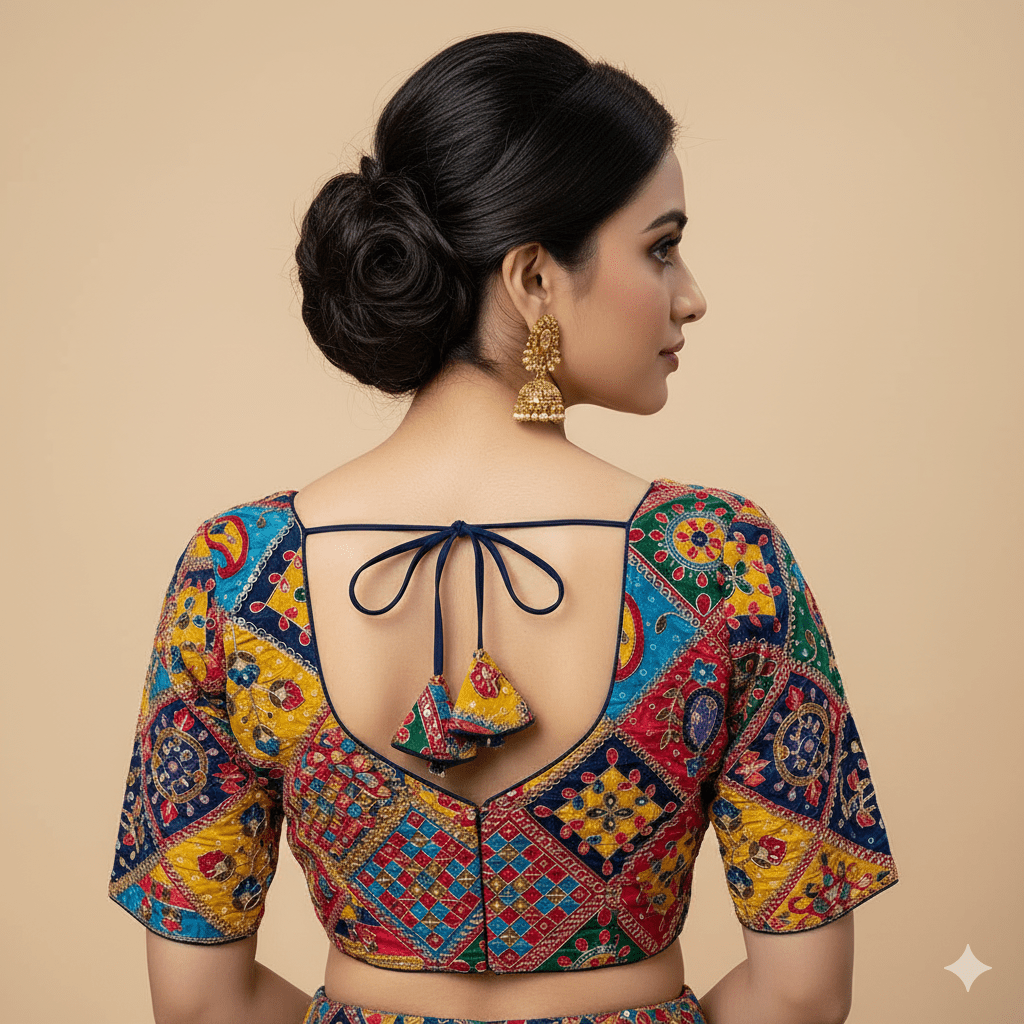 Navy Blue Pure Crepe Blouse with Multi - Coloured Appliqué Work & Mid - Length Sleeves (Size 32–40) - swadeshsouq.com