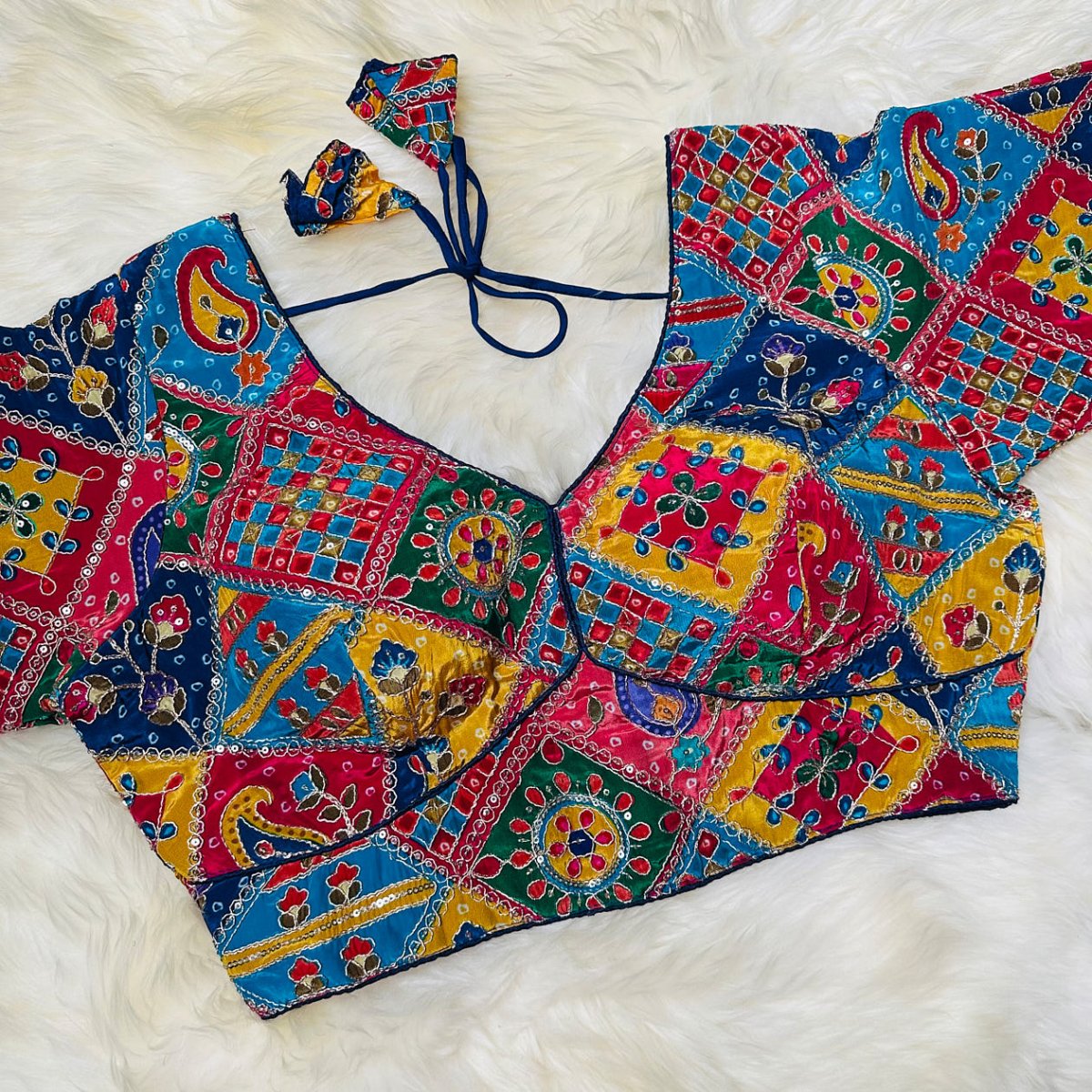 Navy Blue Pure Crepe Blouse with Multi - Coloured Appliqué Work & Mid - Length Sleeves (Size 32–40) - swadeshsouq.com