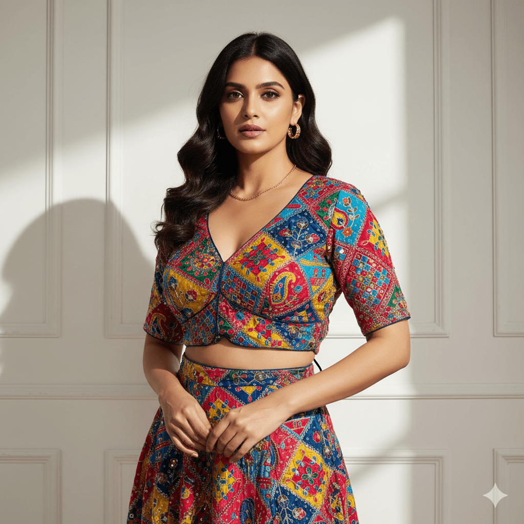 Navy Blue Pure Crepe Blouse with Multi - Coloured Appliqué Work & Mid - Length Sleeves (Size 32–40) - swadeshsouq.com