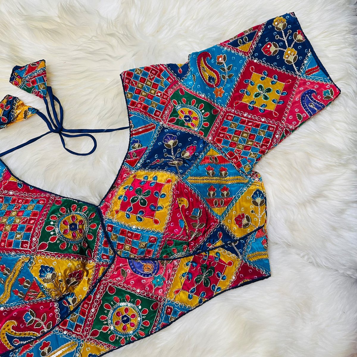 Navy Blue Pure Crepe Blouse with Multi - Coloured Appliqué Work & Mid - Length Sleeves (Size 32–40) - swadeshsouq.com