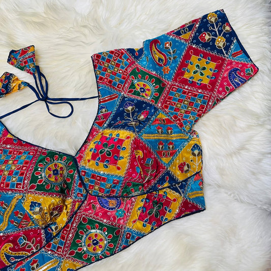 Navy Blue Pure Crepe Blouse with Multi - Coloured Appliqué Work & Mid - Length Sleeves (Size 32–40) - swadeshsouq.com