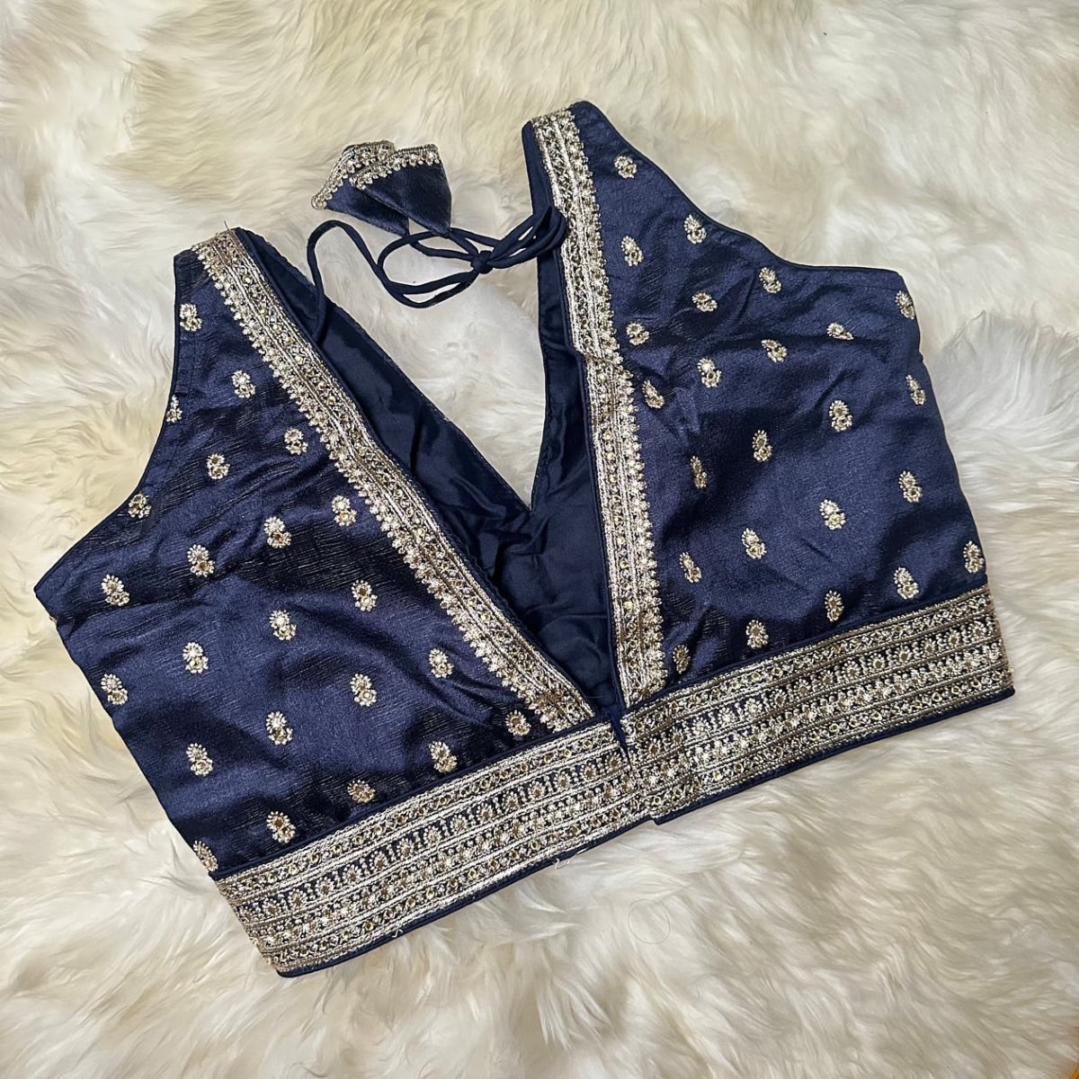 Navy Blue Silk Blouse with Intricate Embroidery & Stone Embellishments – Adjustable Fit (32 to 36) - swadeshsouq.com