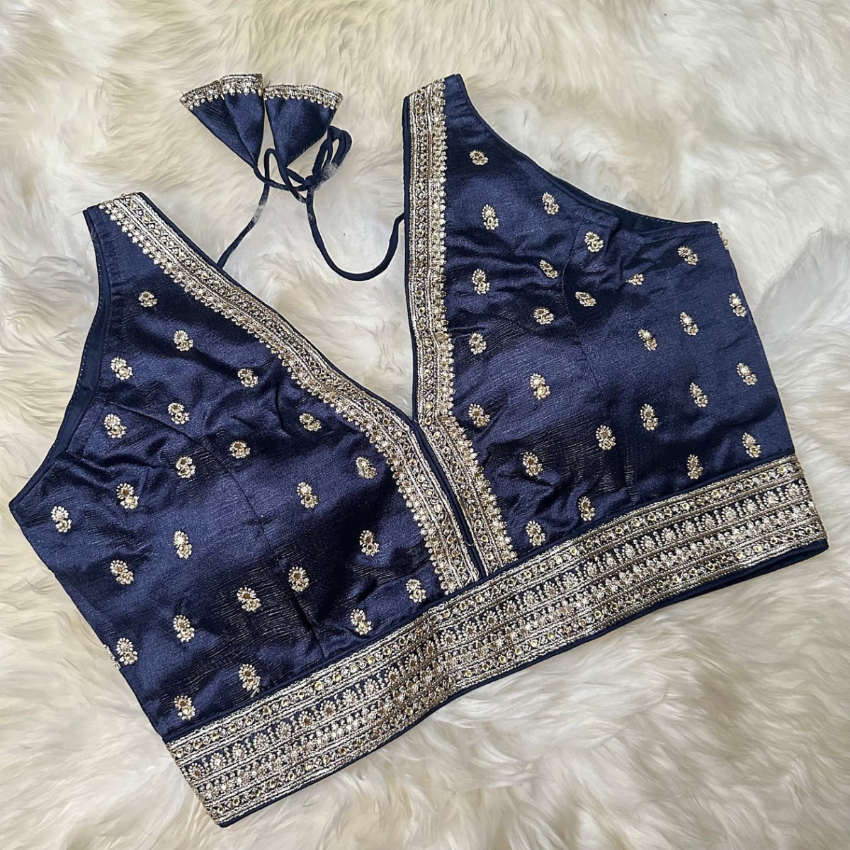 Navy Blue Silk Blouse with Intricate Embroidery & Stone Embellishments – Adjustable Fit (32 to 36) - swadeshsouq.com