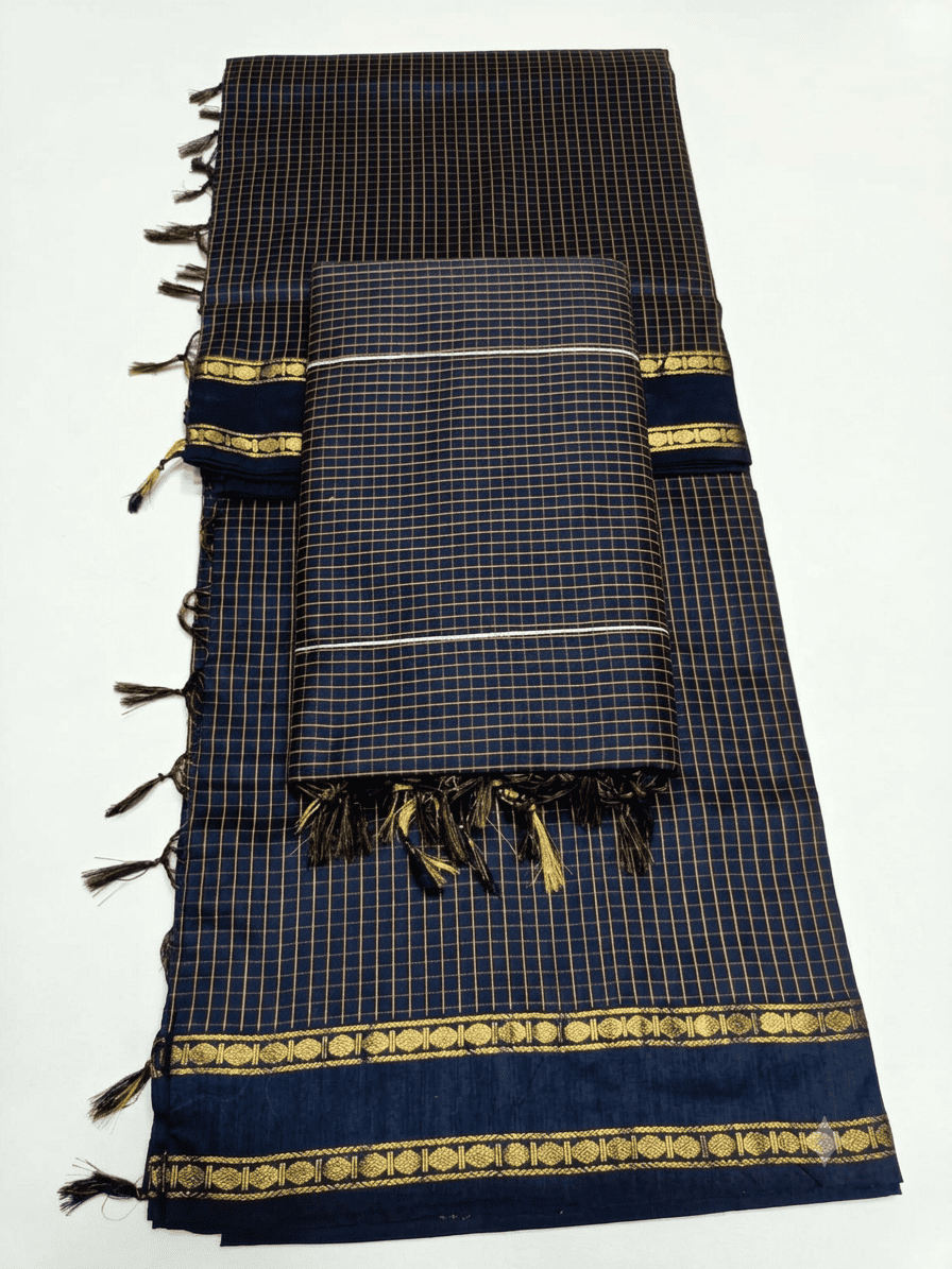 Elegant Navy Blue Kalyani Silk Cotton Saree with All-Over Checks & Repeated Zari Border