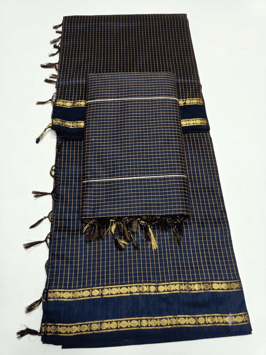 Elegant Navy Blue Kalyani Silk Cotton Saree with All-Over Checks & Repeated Zari Border