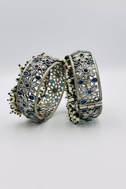 Oceanic Elegance: Blue and White Silver Bangles - swadeshsouq.com