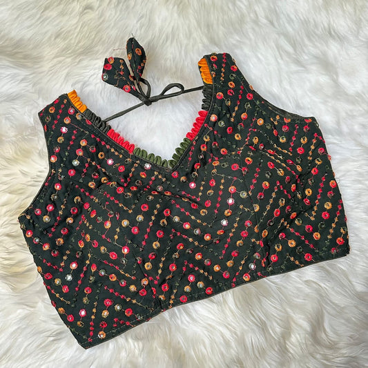 Olive Green Georgette Blouse with Multicolour Mirror Work (Size 32–36) - swadeshsouq.com