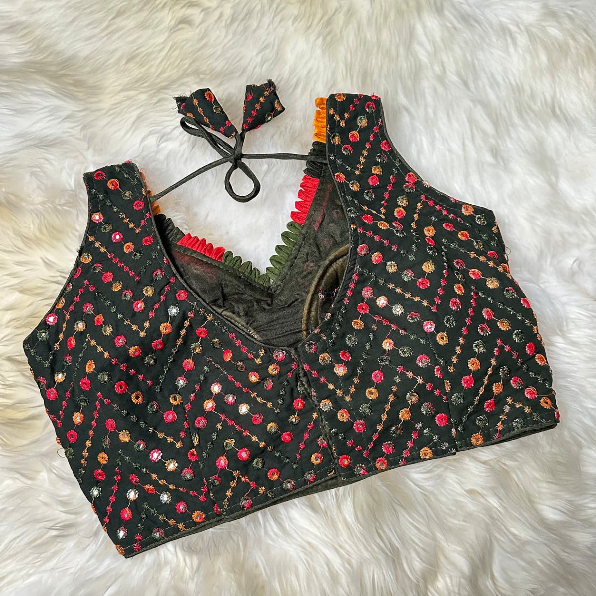 Olive Green Georgette Blouse with Multicolour Mirror Work (Size 32–36) - swadeshsouq.com