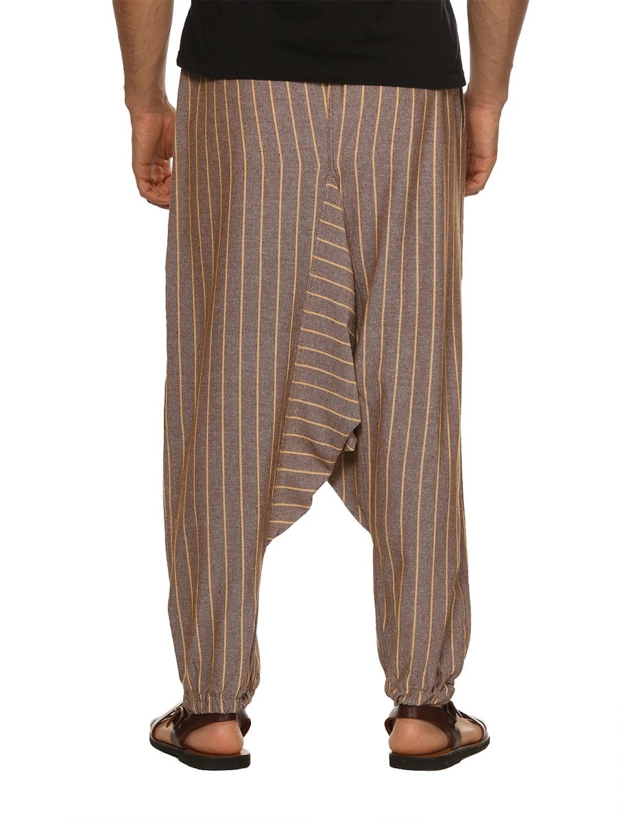 One Size Men's Eco-Friendly Cotton Harem Pants | Fits Waist Size 28 to 36 Inches | Brown Stripes - swadeshsouq.com