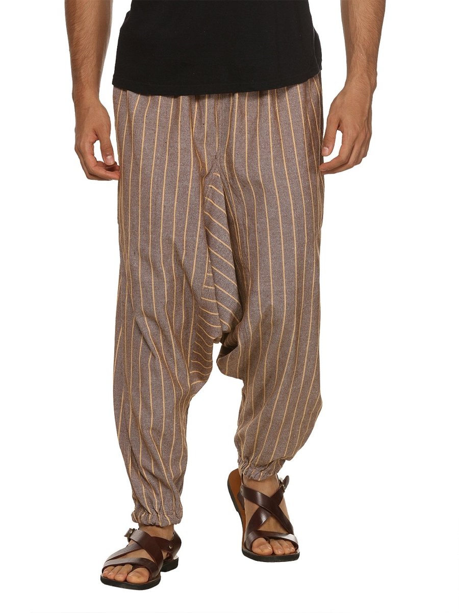 One Size Men's Eco-Friendly Cotton Harem Pants | Fits Waist Size 28 to 36 Inches | Brown Stripes - swadeshsouq.com