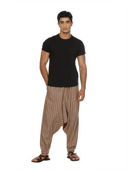 One Size Men's Eco-Friendly Cotton Harem Pants | Fits Waist Size 28 to 36 Inches | Brown Stripes - swadeshsouq.com