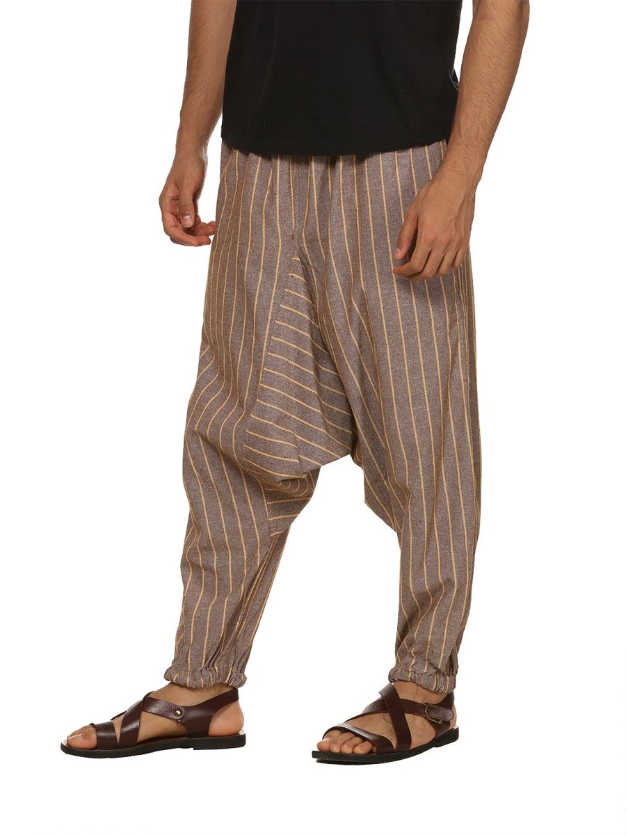 One Size Men's Eco-Friendly Cotton Harem Pants | Fits Waist Size 28 to 36 Inches | Brown Stripes - swadeshsouq.com