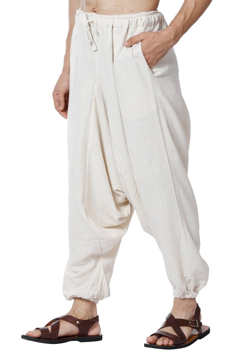 One Size Men's Eco-Friendly Cotton Harem Pants | Fits Waist Size 28 to 36 Inches | Cream - swadeshsouq.com