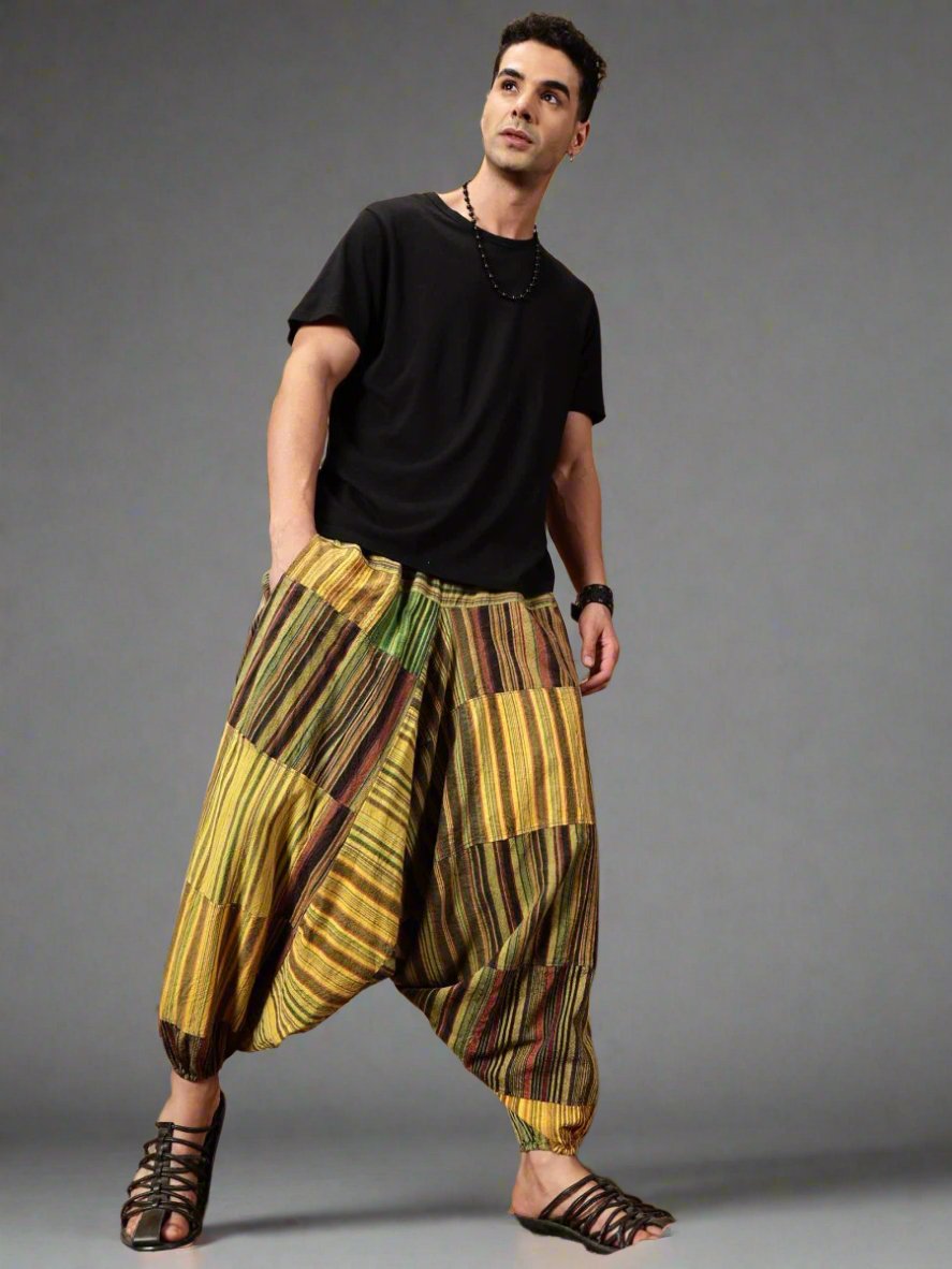 One Size Men's Eco - Friendly Cotton Patchwork Harem Pants | Fits Waist Size 28 to 36 Inches - swadeshsouq.com