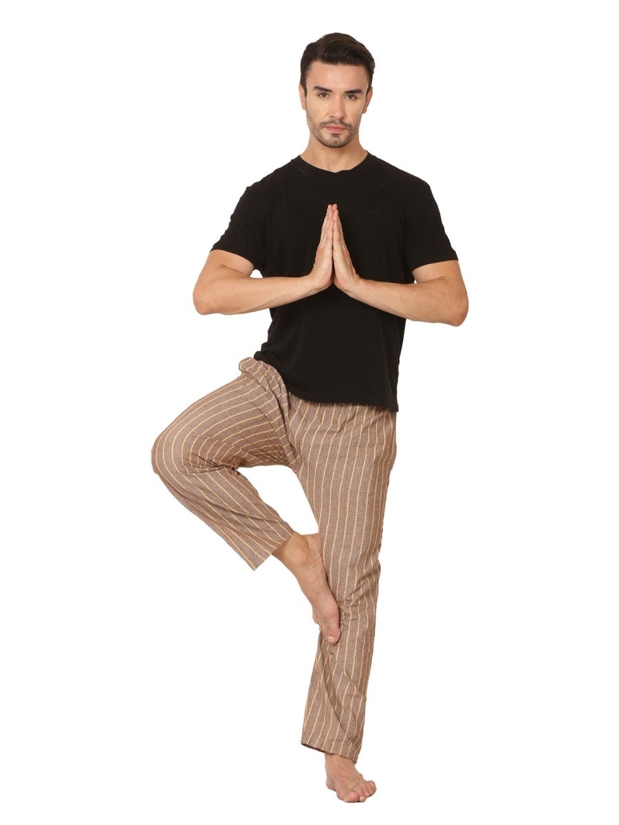 One Size Men's Eco-Friendly Cotton Pyjama | Fits Waist Size 28 to 36 Inches | Brown Stripes - swadeshsouq.com