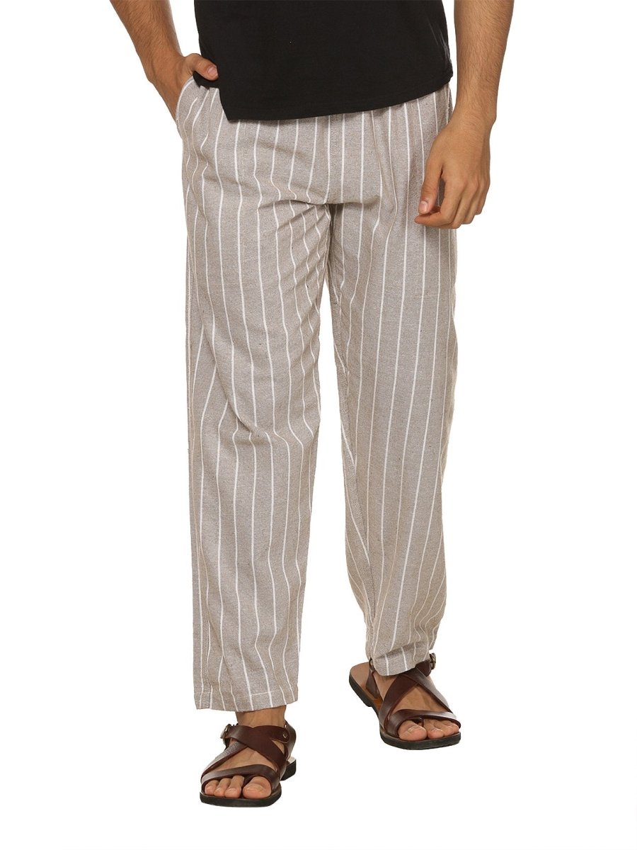 One Size Men's Eco-Friendly Cotton Pyjama | Fits Waist Size 28 to 36 Inches | Light Grey Stripes - swadeshsouq.com