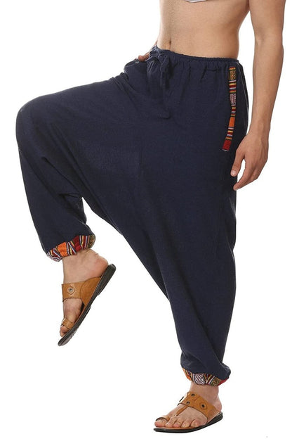 One Size Men's Eco-Friendly Cotton Tribal Harem Pants | Fits Waist Size 28 to 36 Inches | Blue - swadeshsouq.com