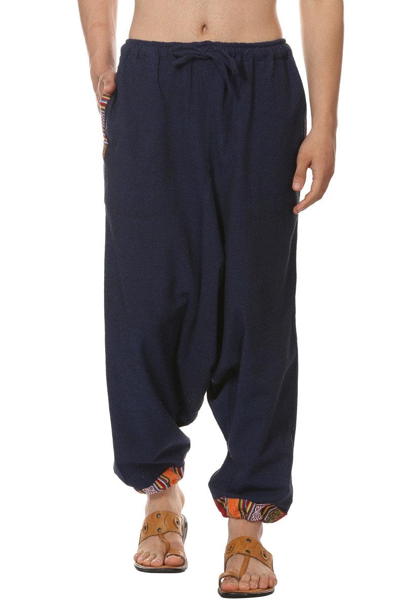 One Size Men's Eco-Friendly Cotton Tribal Harem Pants | Fits Waist Size 28 to 36 Inches | Blue - swadeshsouq.com