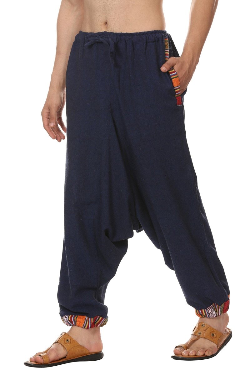 One Size Men's Eco-Friendly Cotton Tribal Harem Pants | Fits Waist Size 28 to 36 Inches | Blue - swadeshsouq.com