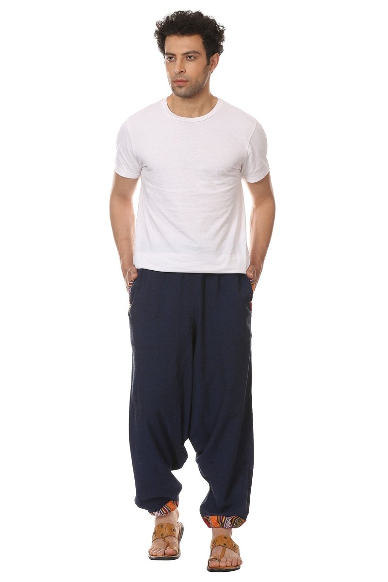 One Size Men's Eco-Friendly Cotton Tribal Harem Pants | Fits Waist Size 28 to 36 Inches | Blue - swadeshsouq.com