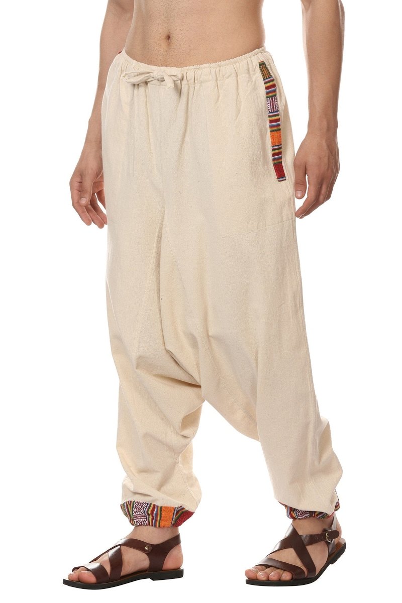 One Size Men's Eco-Friendly Cotton Tribal Harem Pants | Fits Waist Size 28 to 36 Inches | Cream - swadeshsouq.com