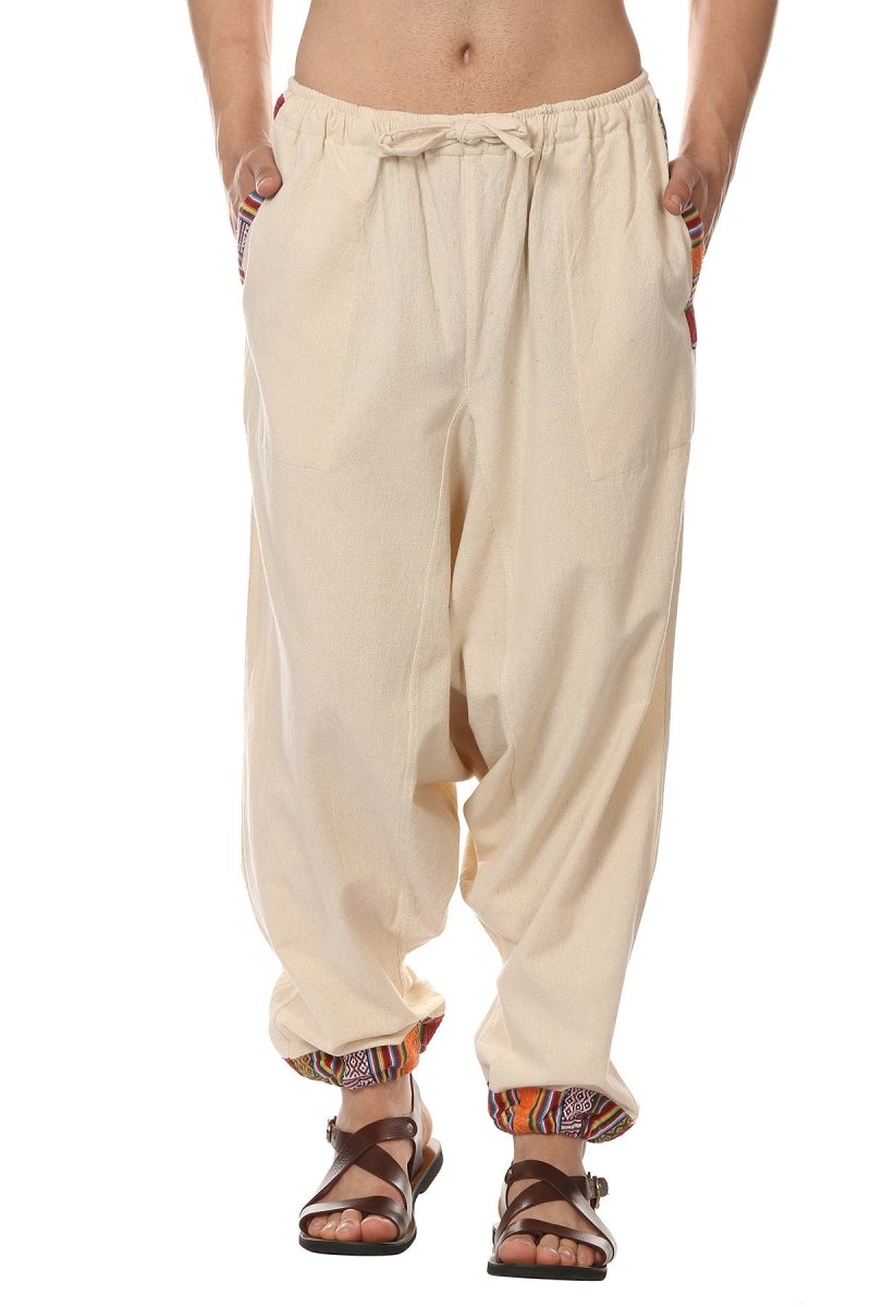 One Size Men's Eco-Friendly Cotton Tribal Harem Pants | Fits Waist Size 28 to 36 Inches | Cream - swadeshsouq.com