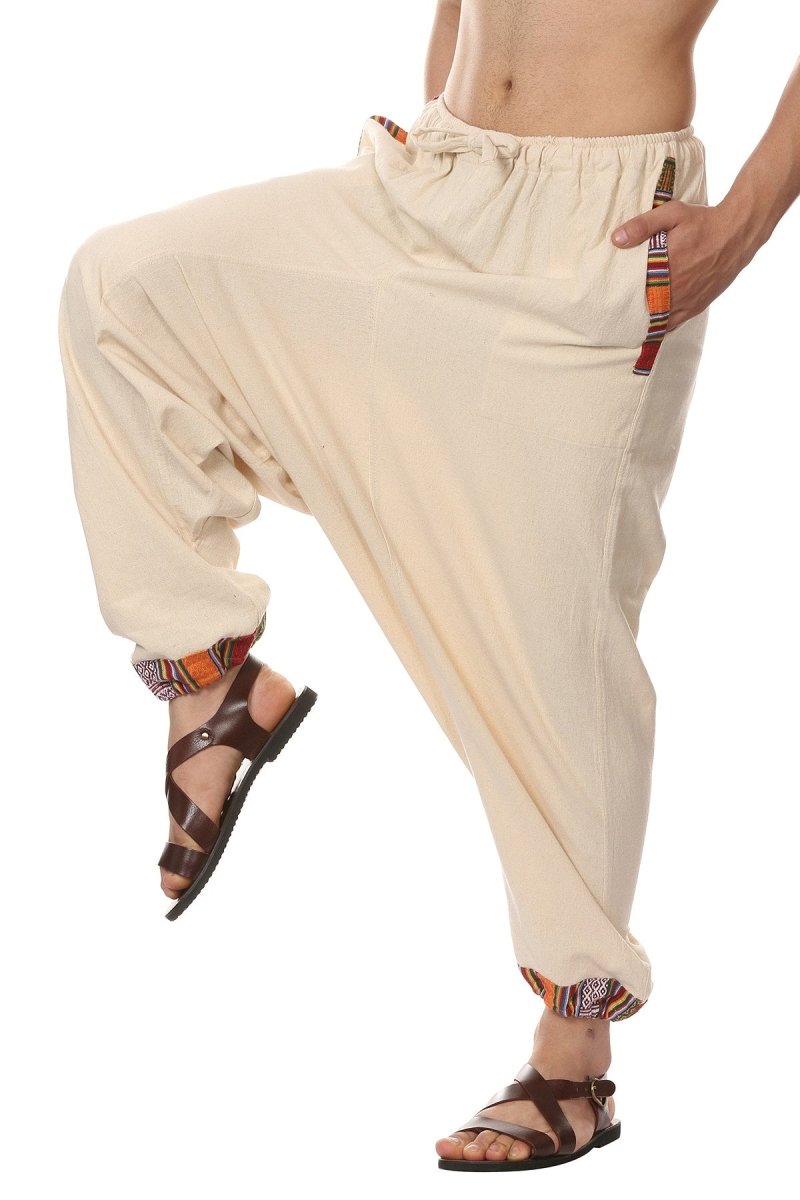 One Size Men's Eco-Friendly Cotton Tribal Harem Pants | Fits Waist Size 28 to 36 Inches | Cream - swadeshsouq.com