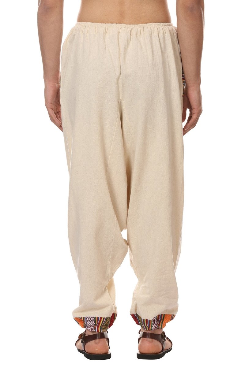 One Size Men's Eco-Friendly Cotton Tribal Harem Pants | Fits Waist Size 28 to 36 Inches | Cream - swadeshsouq.com