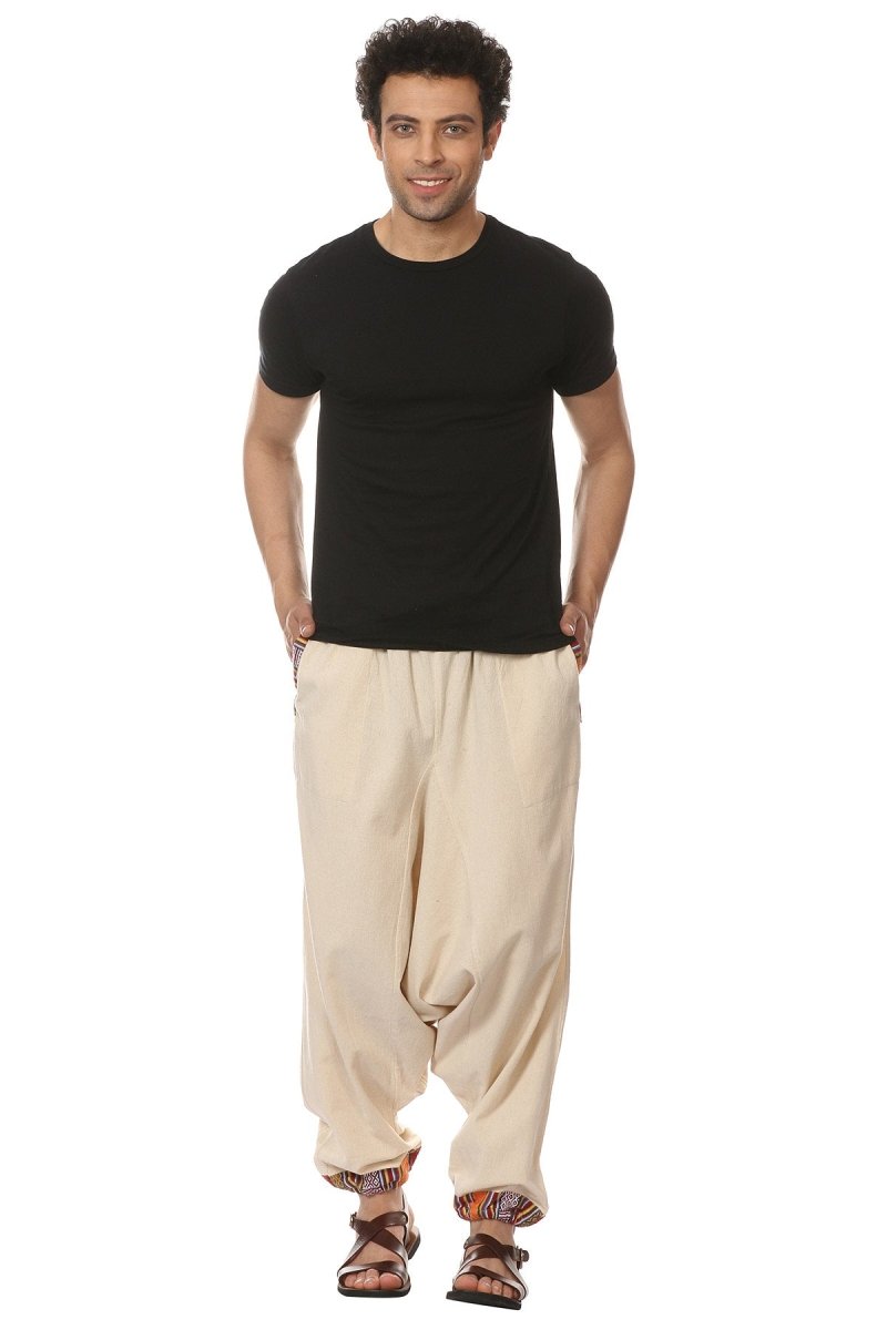 One Size Men's Eco-Friendly Cotton Tribal Harem Pants | Fits Waist Size 28 to 36 Inches | Cream - swadeshsouq.com