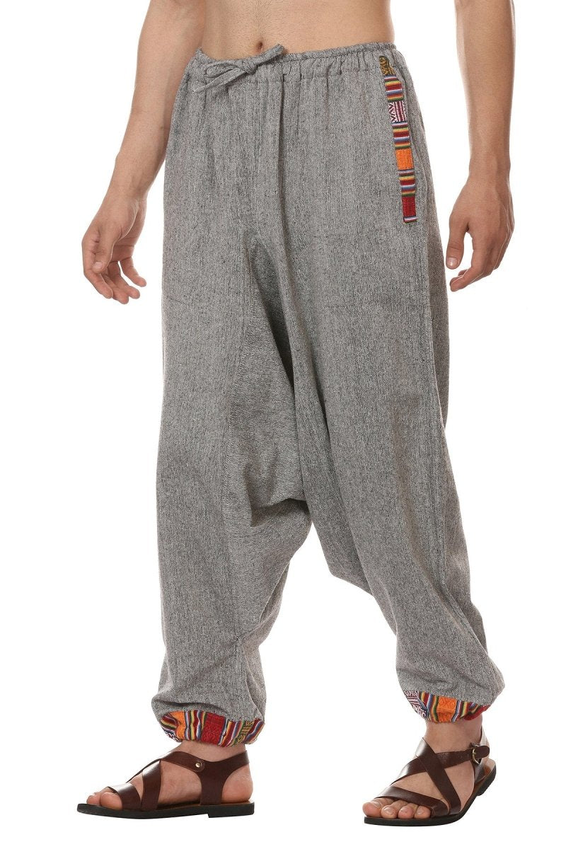 One Size Men's Eco-Friendly Cotton Tribal Harem Pants | Fits Waist Size 28 to 36 Inches | Grey - swadeshsouq.com