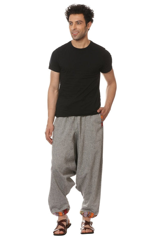 One Size Men's Eco-Friendly Cotton Tribal Harem Pants | Fits Waist Size 28 to 36 Inches | Grey - swadeshsouq.com