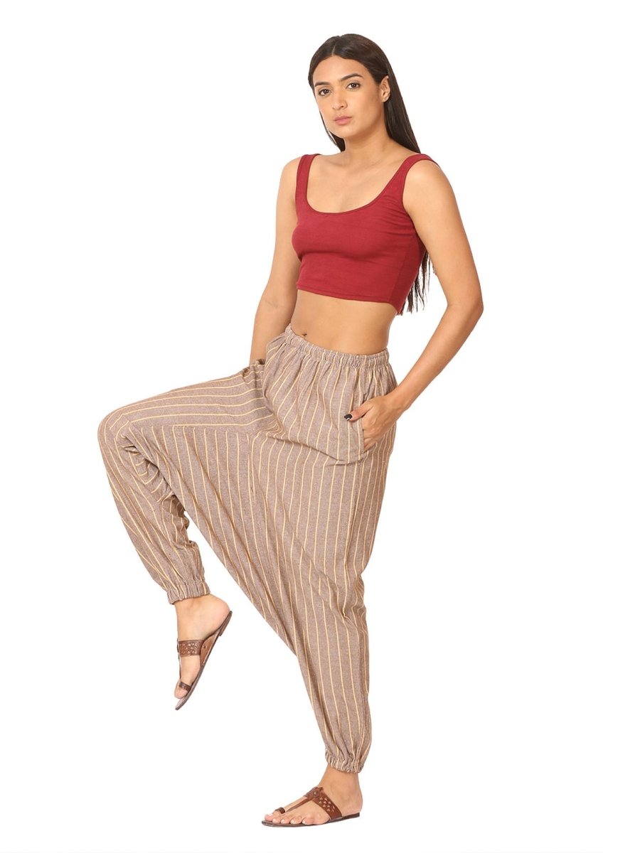 One Size Women's Eco - Friendly Cotton Harem Pants | Fits Waist Size 28 to 36 Inches | Brown Stripes - swadeshsouq.com