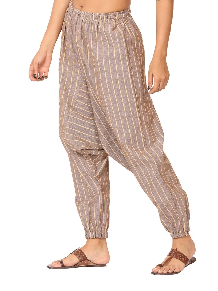 One Size Women's Eco - Friendly Cotton Harem Pants | Fits Waist Size 28 to 36 Inches | Brown Stripes - swadeshsouq.com