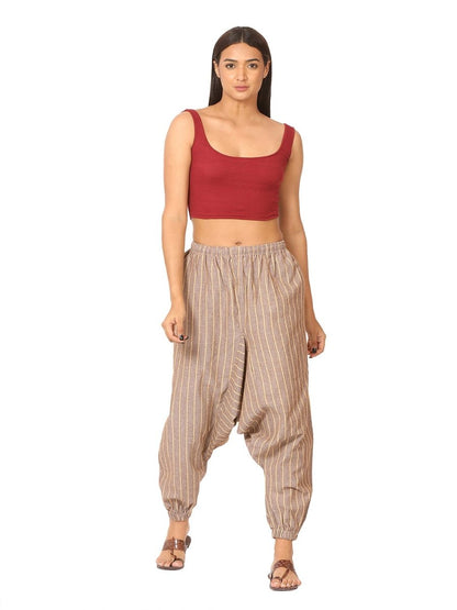 One Size Women's Eco - Friendly Cotton Harem Pants | Fits Waist Size 28 to 36 Inches | Brown Stripes - swadeshsouq.com