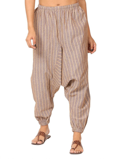 One Size Women's Eco - Friendly Cotton Harem Pants | Fits Waist Size 28 to 36 Inches | Brown Stripes - swadeshsouq.com