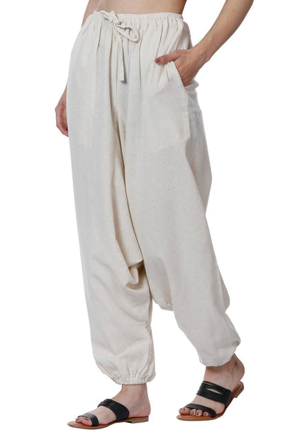 One Size Women's Eco - Friendly Cotton Harem Pants | Fits Waist Size 28 to 36 Inches | Cream - swadeshsouq.com