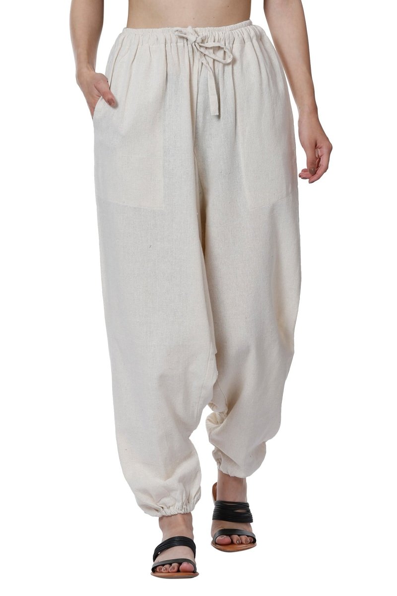 One Size Women's Eco - Friendly Cotton Harem Pants | Fits Waist Size 28 to 36 Inches | Cream - swadeshsouq.com